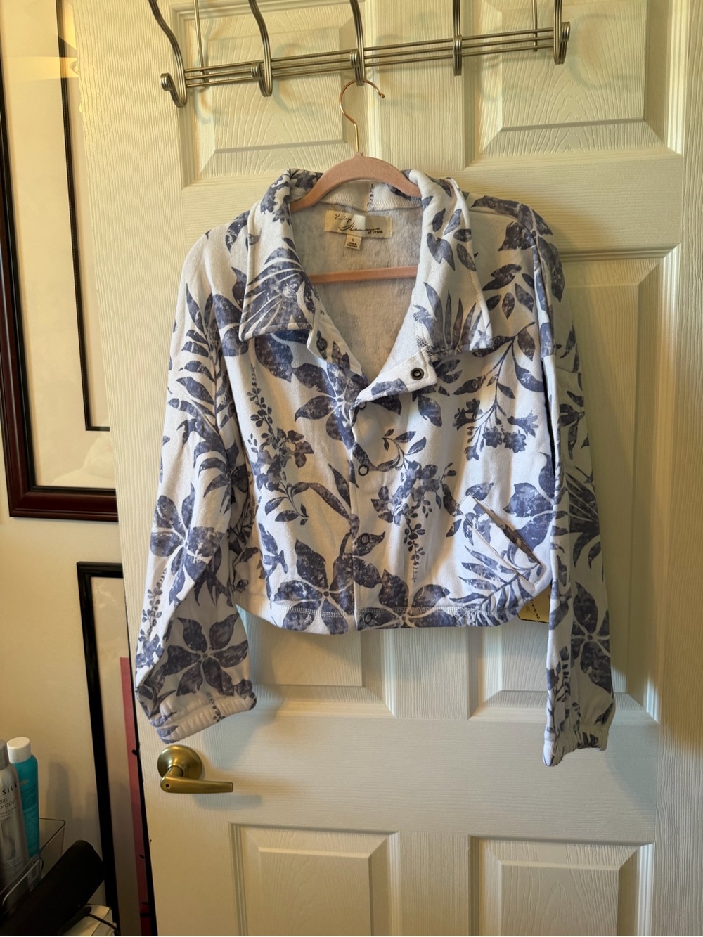 Vintage Blue & White Floral Cropped Jean Jacket